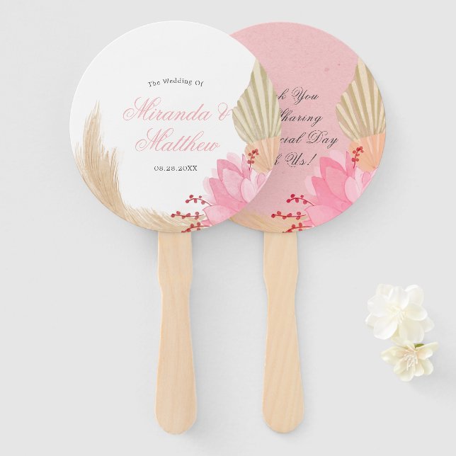 Exotic Tropical Pink Palm Leaves Wedding Thank You Hand Fan (Front and Back)