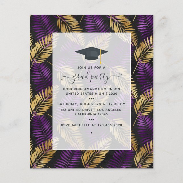Exotic Tropical Purple and Gold Graduation Party Flyer (Front)