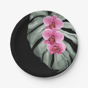 Exotic Tropical Watercolor Hot Pink Orchids Paper Plate