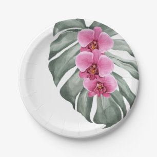 Exotic Tropical Watercolor Hot Pink Orchids Paper Plate