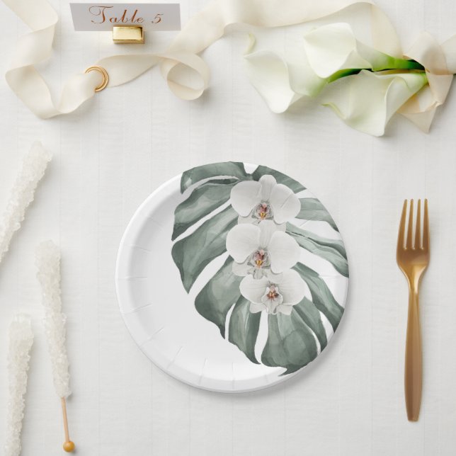 Exotic Tropical Watercolor White Orchids Paper Plate (Wedding)