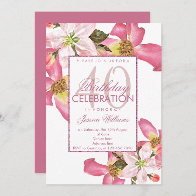 Exotic Watercolor Flowers 40th Birthday Party Invitation (Front/Back)