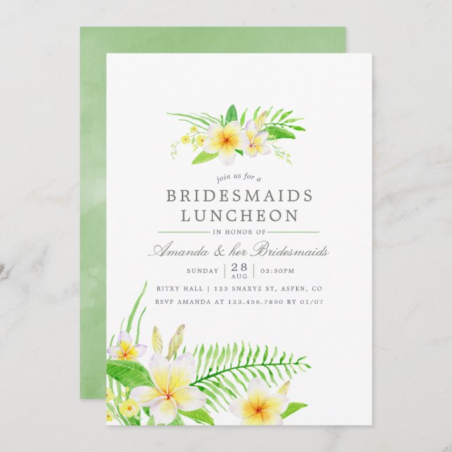 Exotic Watercolor Frangipani Bridesmaids Luncheon Invitation (Front/Back)