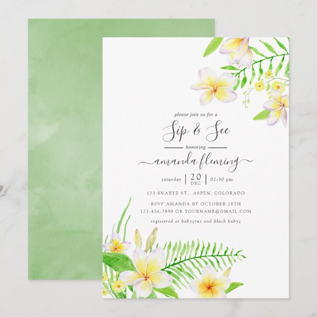 Exotic Watercolor Frangipani Floral Sip and See Invitation (Front/Back)
