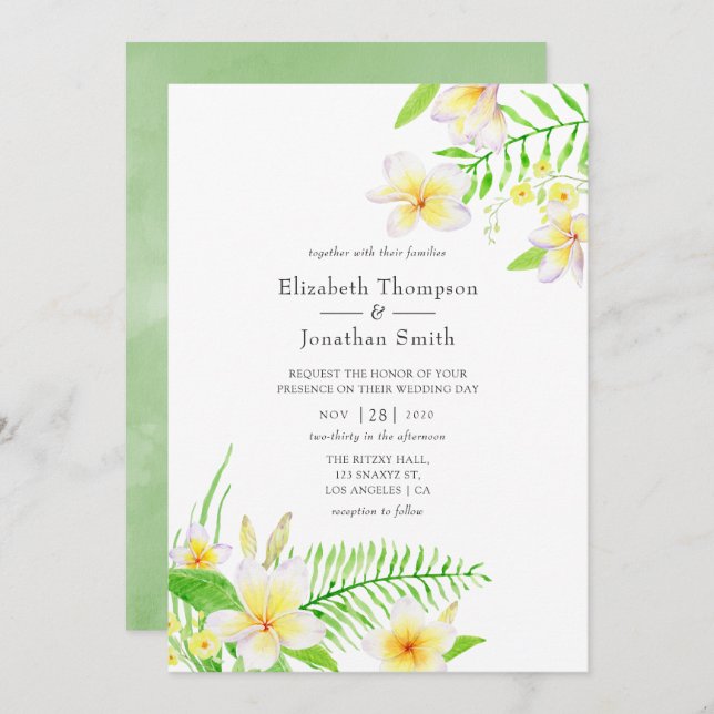 Exotic Watercolor Frangipani Floral Wedding Invitation (Front/Back)