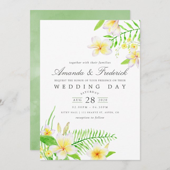 Exotic Watercolor Frangipani Floral Wedding Invite (Front/Back)