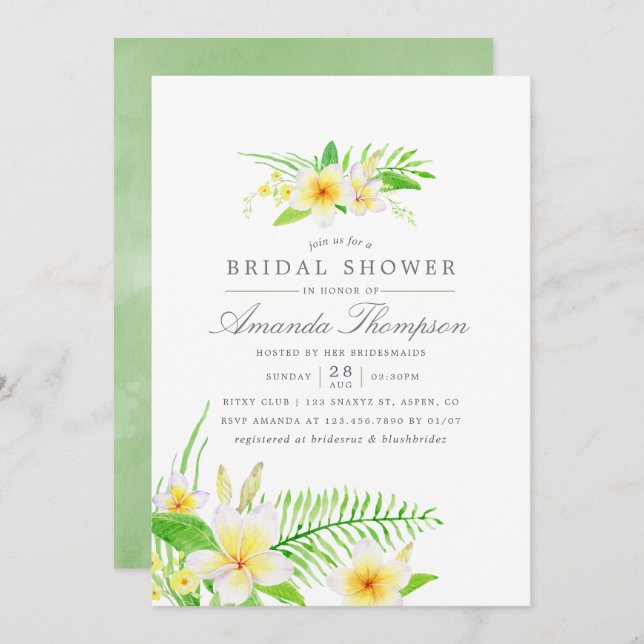 Exotic Watercolor Frangipani Flowers Bridal Shower Invitation (Front/Back)