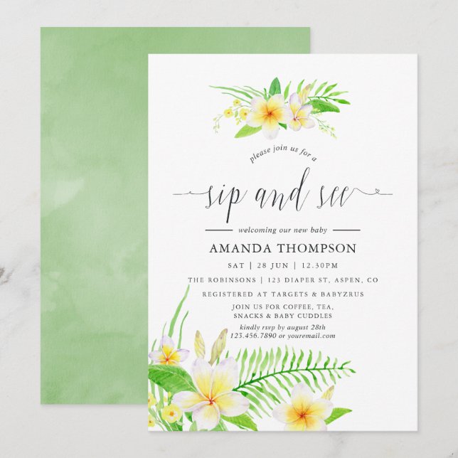 Exotic Watercolor Frangipani Sip and See Invitation (Front/Back)