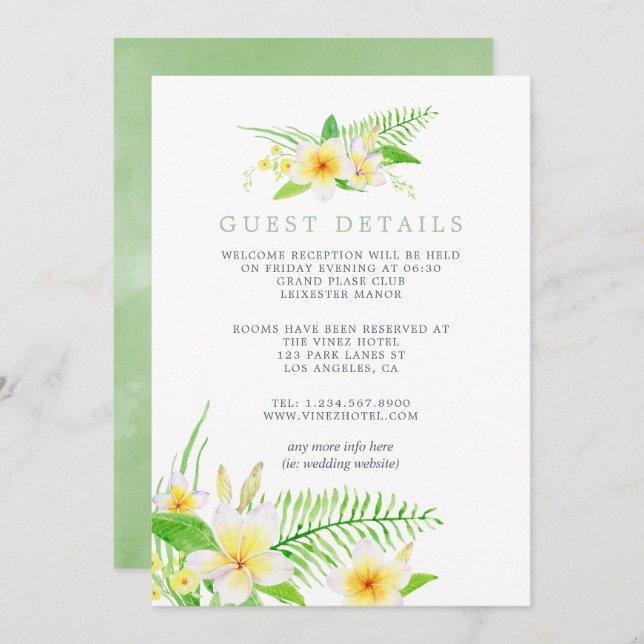 Exotic Watercolor Frangipani Wedding Guest Details Invitation (Front/Back)