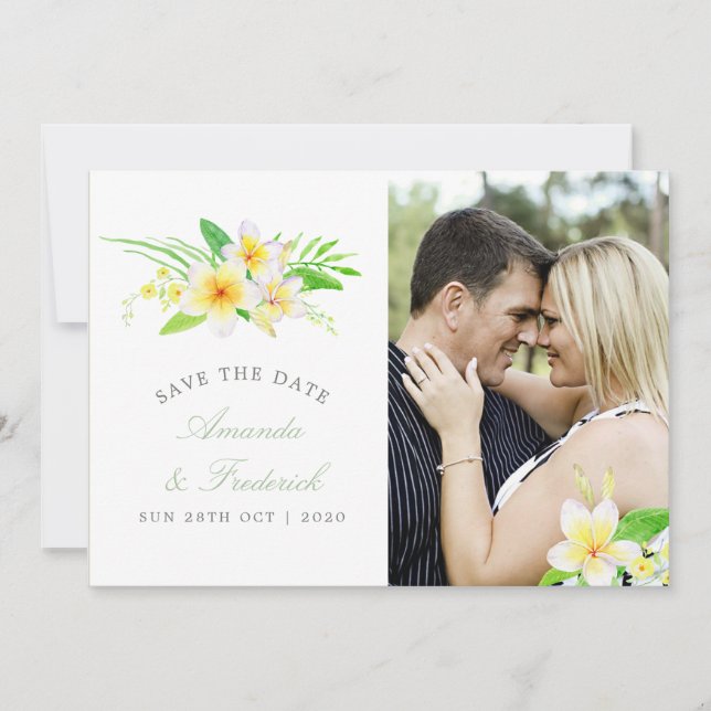 Exotic Watercolor Frangipani Wedding Save the Date (Front)