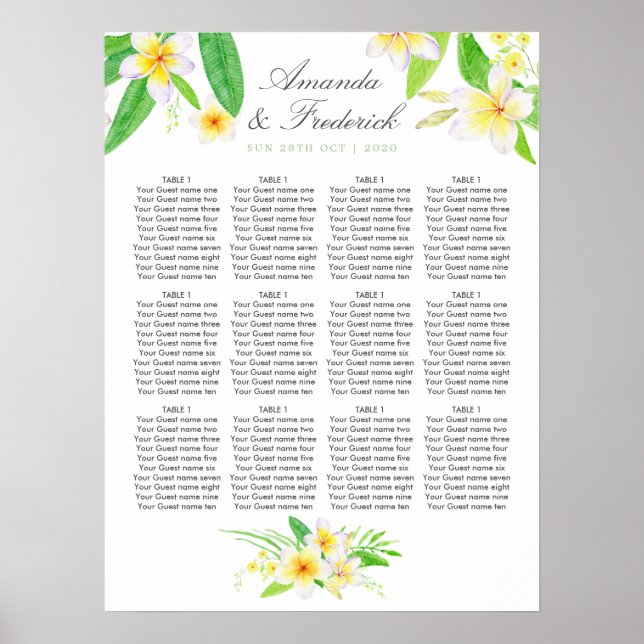 Exotic Watercolor Frangipani Wedding Seating Chart (Front)