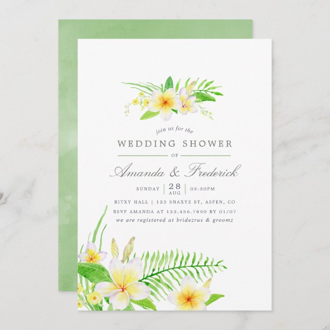 Exotic Watercolor Frangipani Wedding Shower invite (Front/Back)