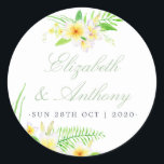Exotic Watercolor Frangipanis Wedding Classic Round Sticker<br><div class="desc">Exotic frangipani tropical flowers wedding stickers designed to be quickly and easily customised to your event specifics.</div>