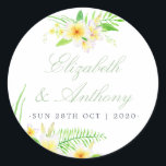 Exotic Watercolor Frangipanis Wedding Classic Round Sticker<br><div class="desc">Exotic frangipani tropical flowers wedding stickers designed to be quickly and easily customised to your event specifics.</div>