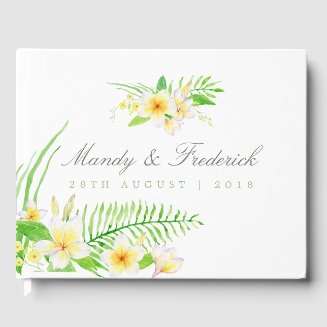 Exotic Watercolor Frangipanis Wedding Guest Book (Front)