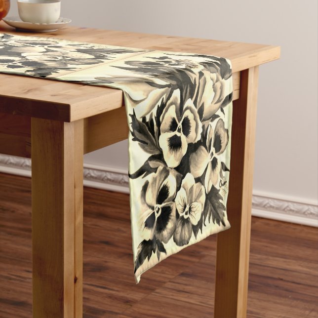 Exotic Watercolor Sepia Pansies Short Table Runner (In Situ)