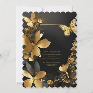 Exotic Wedding Black Gold Floral Butterfly Invitat