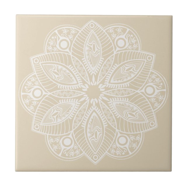 Exotic White Mandala on Beige Background Ceramic Tile (Front)