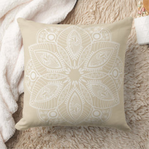 Exotic White Mandala on Beige Background Cushion