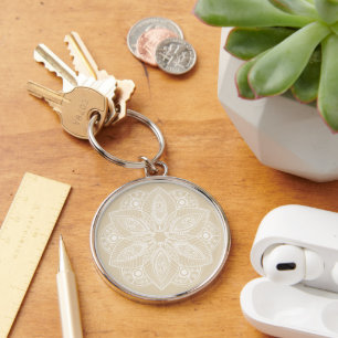 Exotic White Mandala on Beige Background Key Ring