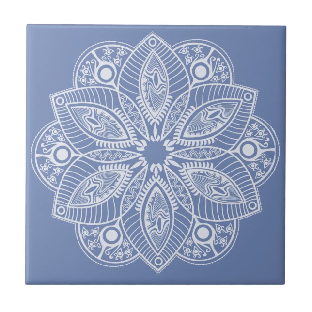 Exotic White Mandala on Blue Background Ceramic Tile (Front)