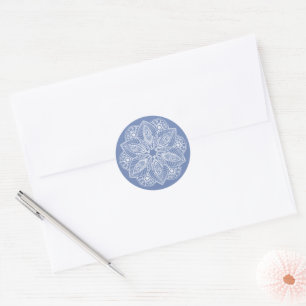 Exotic White Mandala on Blue Background Classic Round Sticker