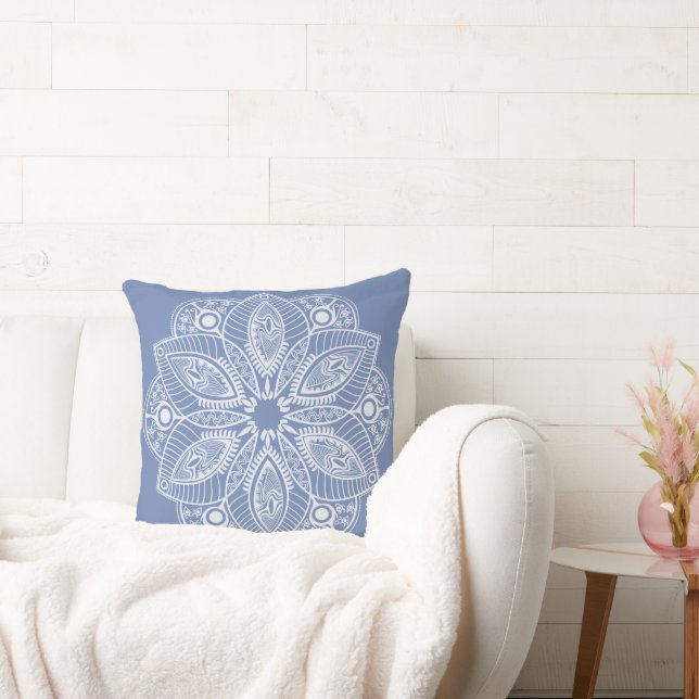 Exotic White Mandala on Blue Background Cushion (Couch)