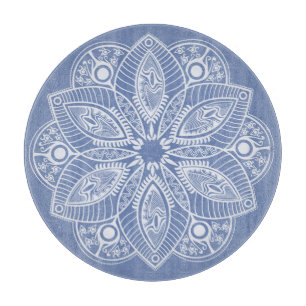 Exotic White Mandala on Blue Background Cutting Board
