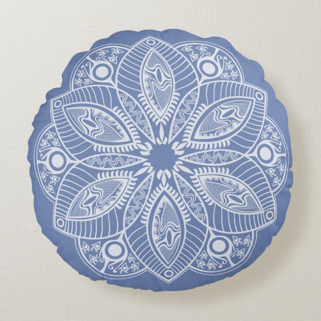 Exotic White Mandala on Blue Background Round Cushion (Front)