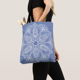 Exotic White Mandala on Blue Background Tote Bag