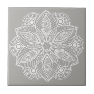Exotic White Mandala on Grey Background Ceramic Tile