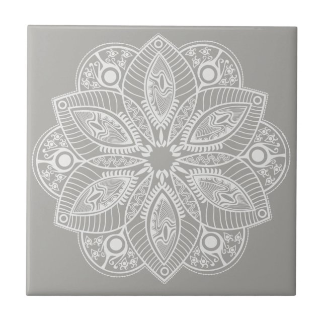 Exotic White Mandala on Grey Background Ceramic Tile (Front)