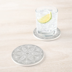 Exotic White Mandala on Grey Background Coaster