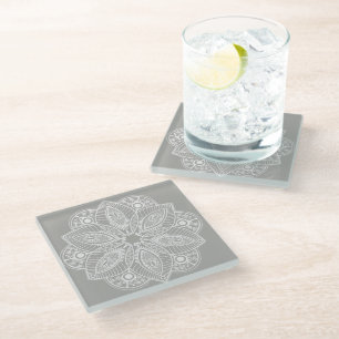 Exotic White Mandala on Grey Background Glass Coaster