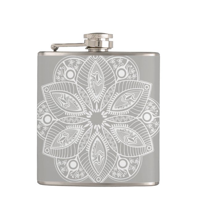 Exotic White Mandala on Grey Background Hip Flask (Front)