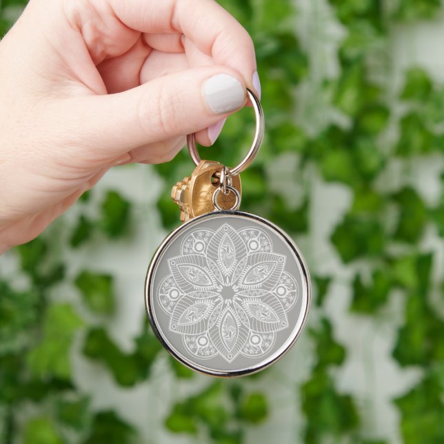 Exotic White Mandala on Grey Background Key Ring (Hand)