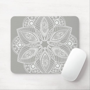 Exotic White Mandala on Grey Background Mouse Pad