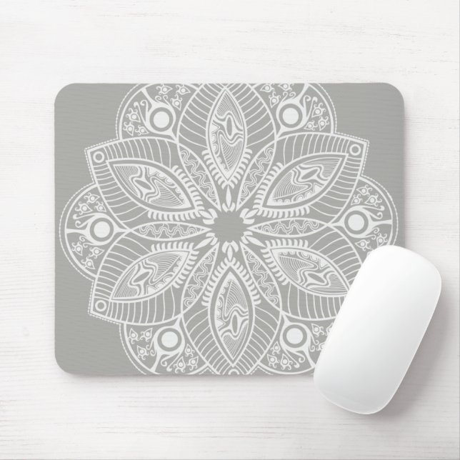 Exotic White Mandala on Grey Background Mouse Pad (With Mouse)
