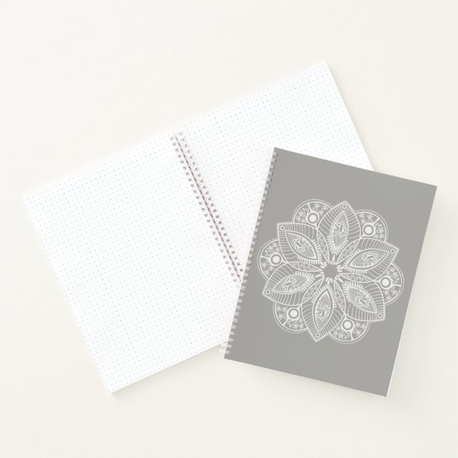 Exotic White Mandala on Grey Background Notebook (Inside)