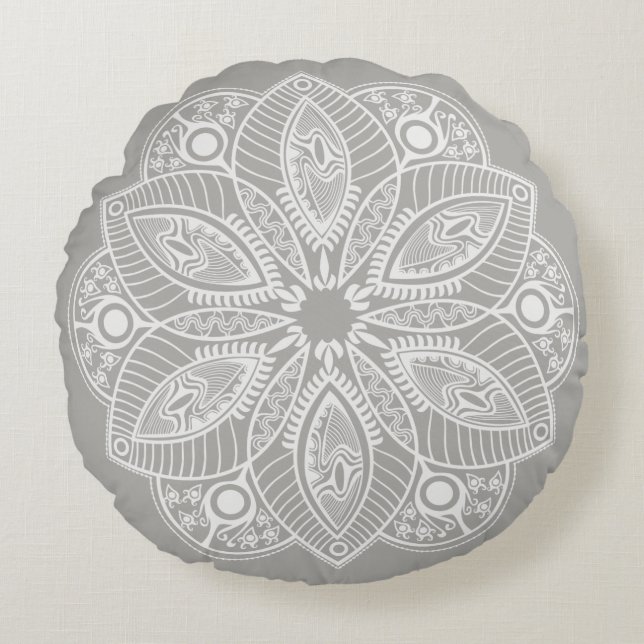 Exotic White Mandala on Grey Background Round Cushion (Front)