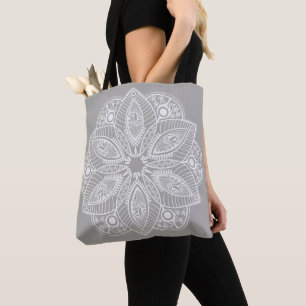 Exotic White Mandala on Grey Background Tote Bag