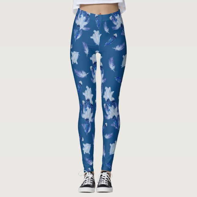 Exotic-White Parrot Blue tone Feathers Repeats Leggings (Front)