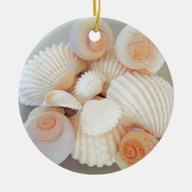 Exotic White Peach Sea Shells, Summer Beach Ceramic Tree Decoration (Front)