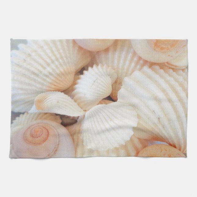 Exotic White Peach Sea Shells, Summer Beach Tea Towel (Horizontal)