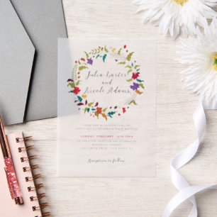 Exotic Woodland Wildflower Wreath Wedding Vellum Invitations