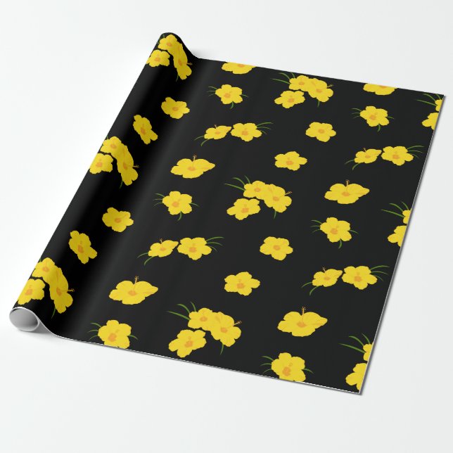Exotic Yellow Hibiscus Flower on Black Wrapping Paper (Unrolled)