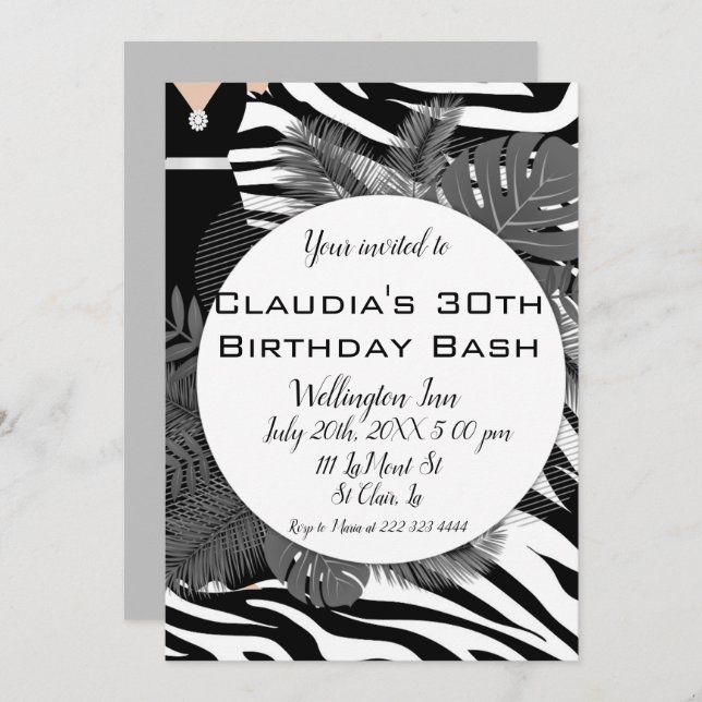 Exotic zebra print elegant birthday invitation (Front/Back)