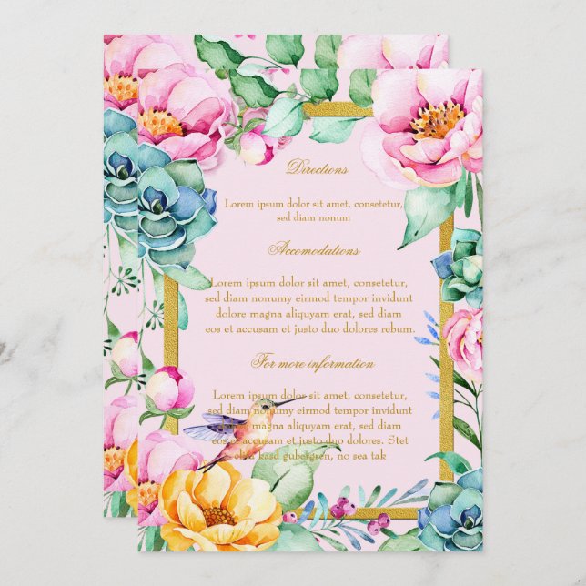 Exotical Bird-Gold Frame&Flower Wedding Directions Invitation (Front/Back)