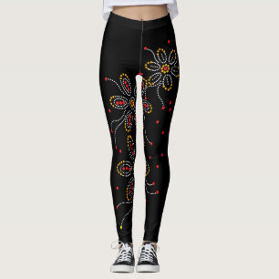 Exotique Black Orange Bead-Style Black Flowers Leggings