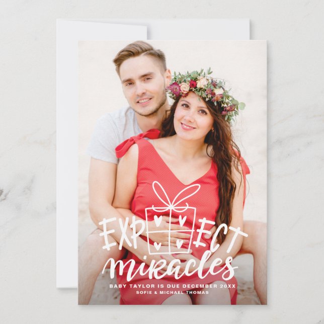 Expect Miracles Lettering Holiday Pregnancy Announcement (Front)